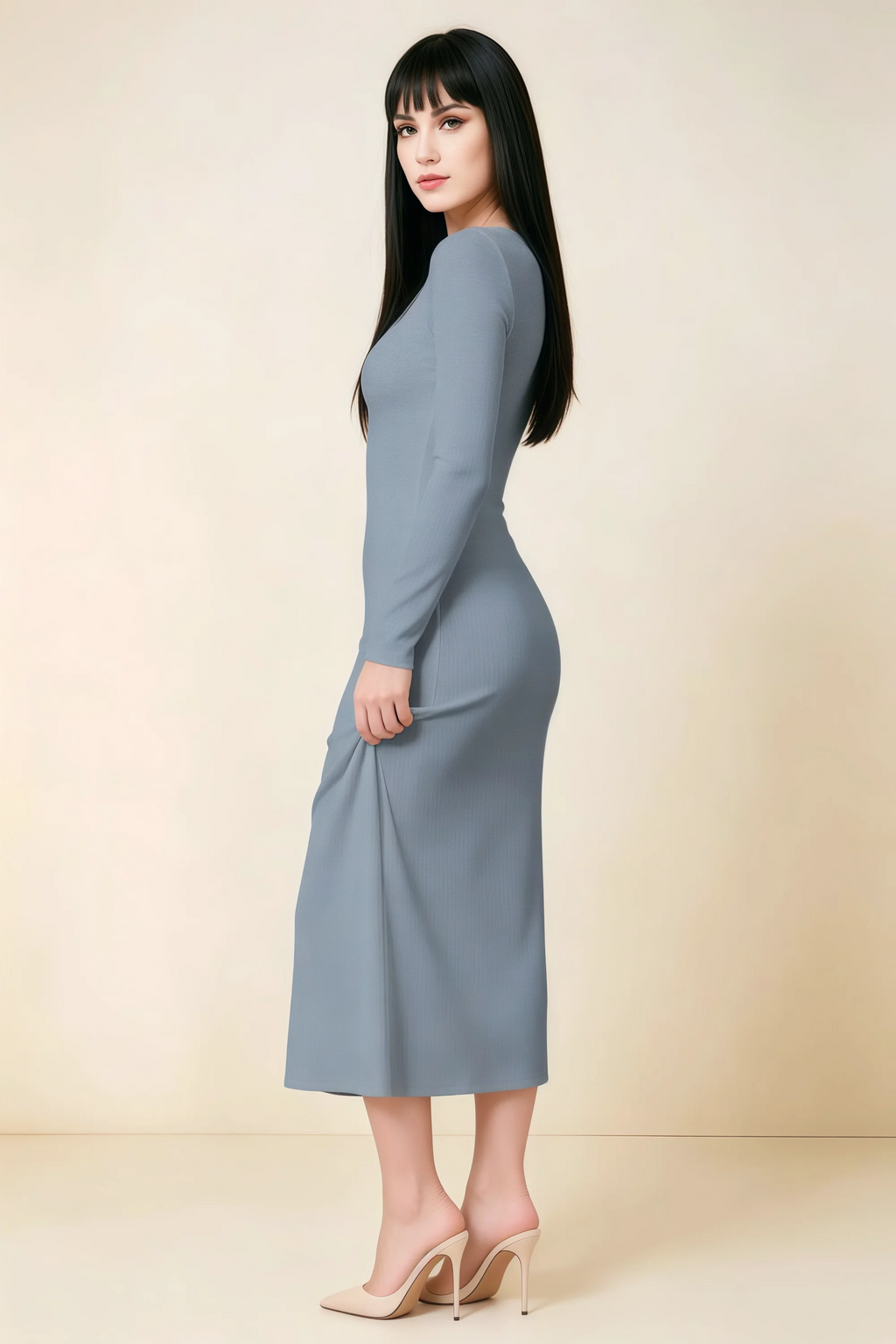 Antoinette Dusty Blue Square Neck Long Sleeve Bodycon Midi Dress