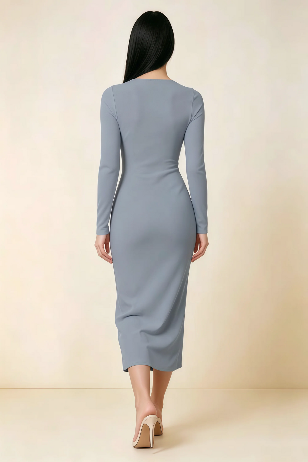 Antoinette Dusty Blue Square Neck Long Sleeve Bodycon Midi Dress