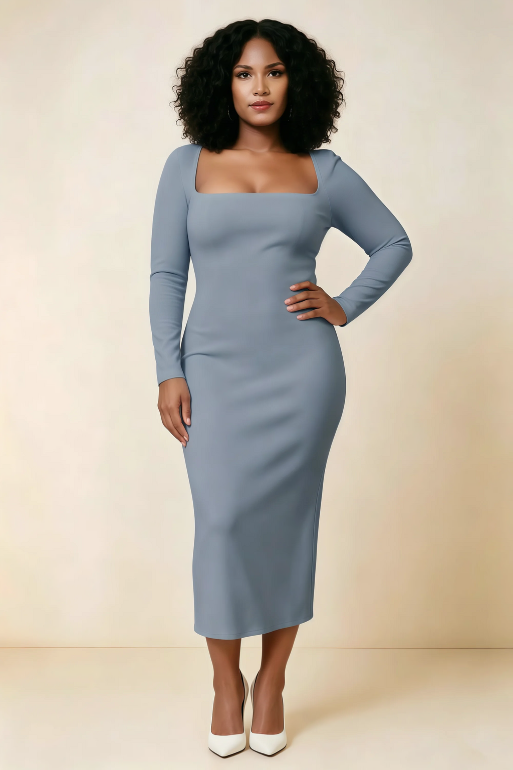 Antoinette Dusty Blue Square Neck Long Sleeve Bodycon Midi Dress