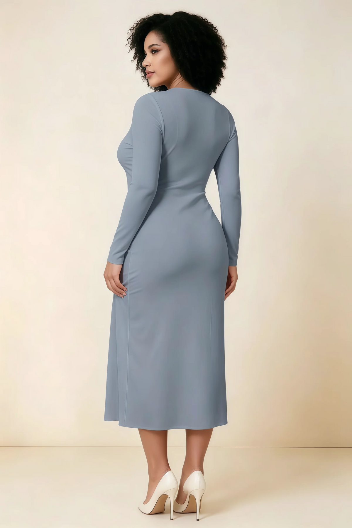 Antoinette Dusty Blue Square Neck Long Sleeve Bodycon Midi Dress