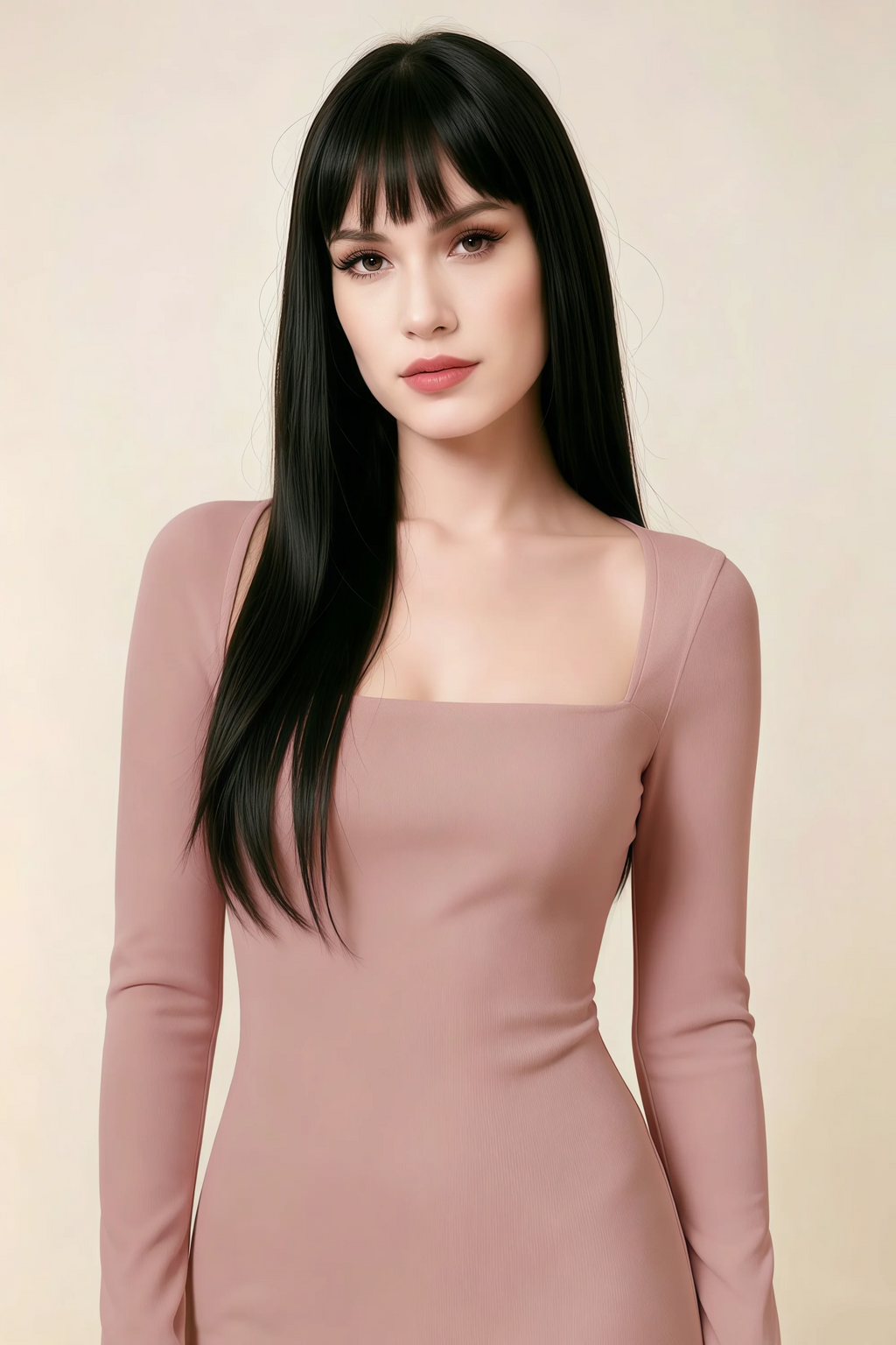 Antoinette Dusty Rose Square Neck Long Sleeve Bodycon Midi Dress