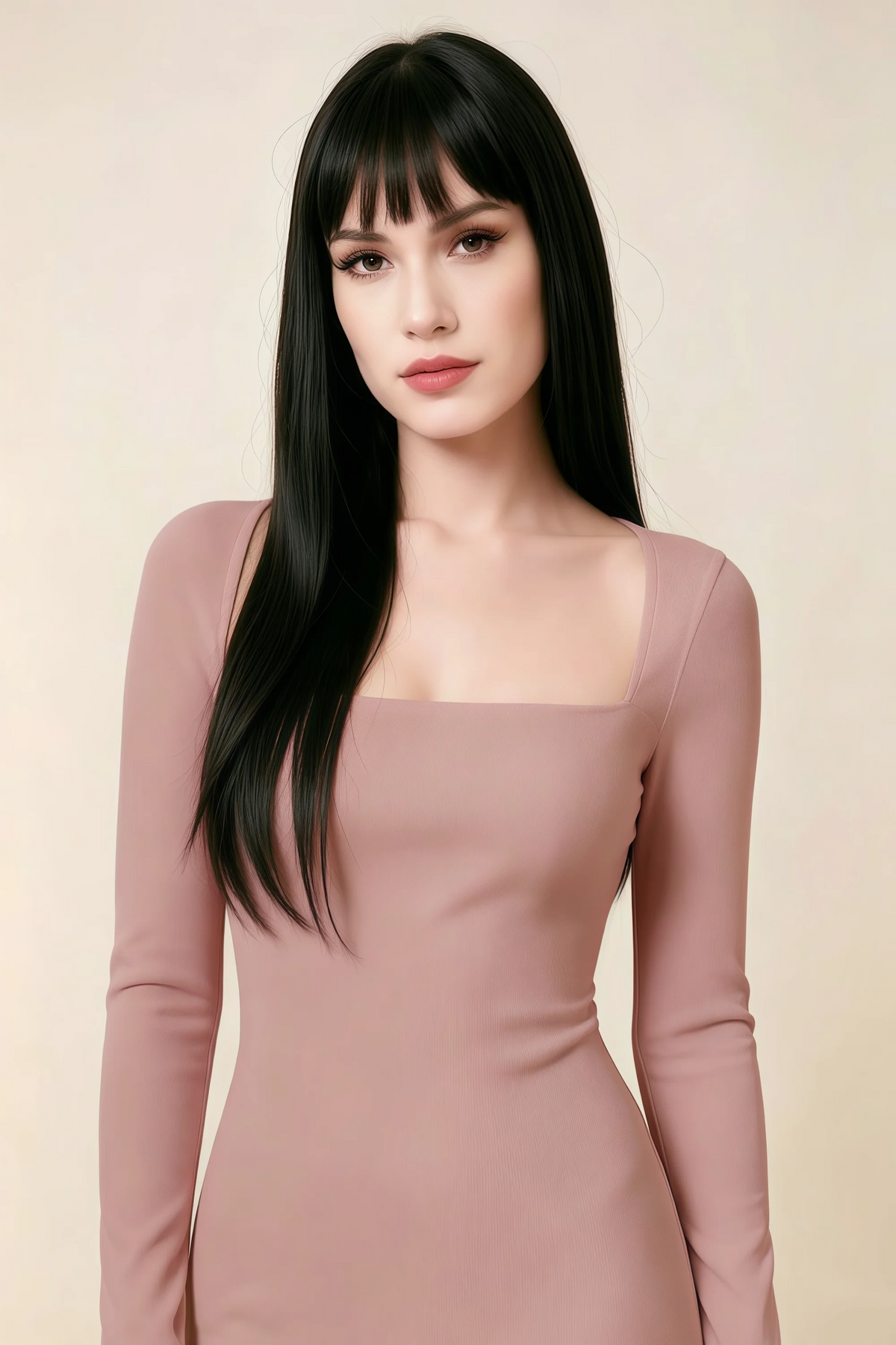 Antoinette Dusty Rose Square Neck Long Sleeve Bodycon Midi Dress