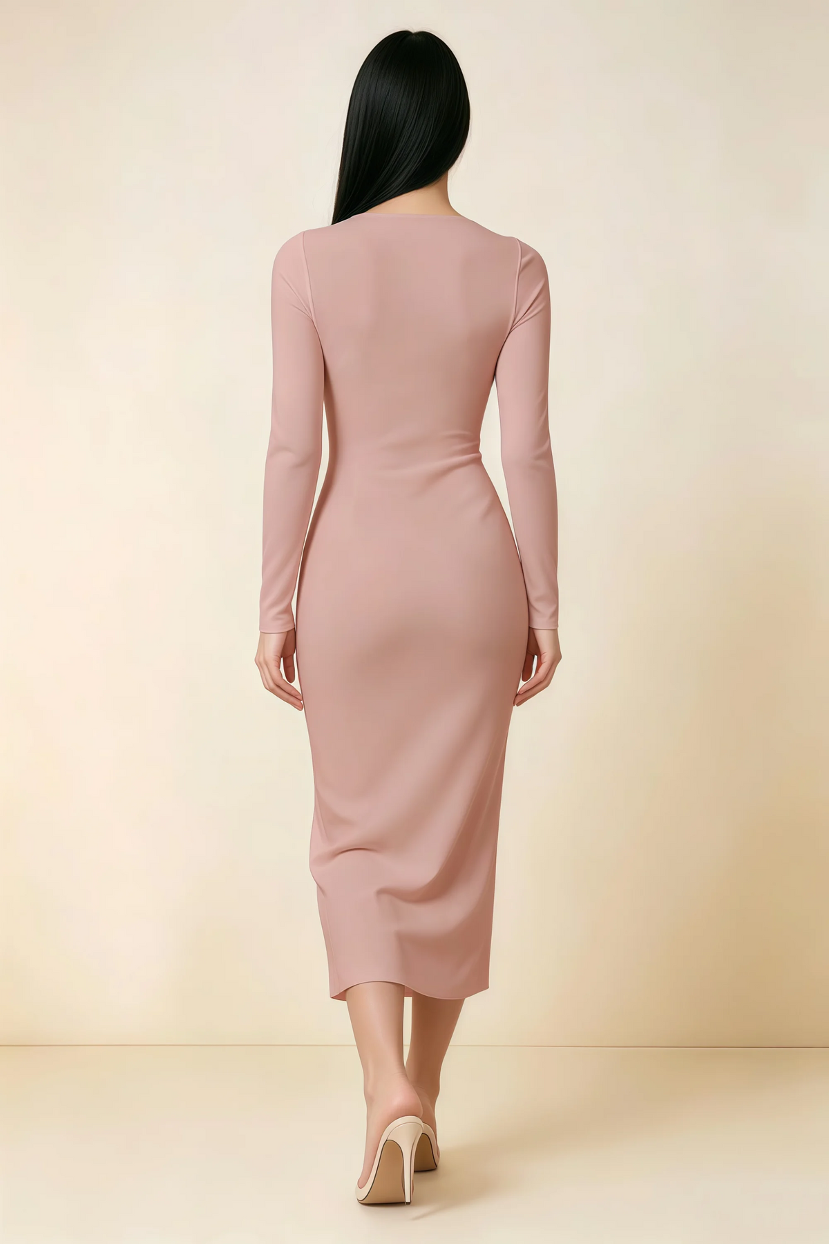 Antoinette Dusty Rose Square Neck Long Sleeve Bodycon Midi Dress