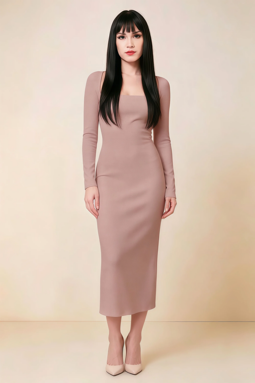 Antoinette Dusty Rose Square Neck Long Sleeve Bodycon Midi Dress