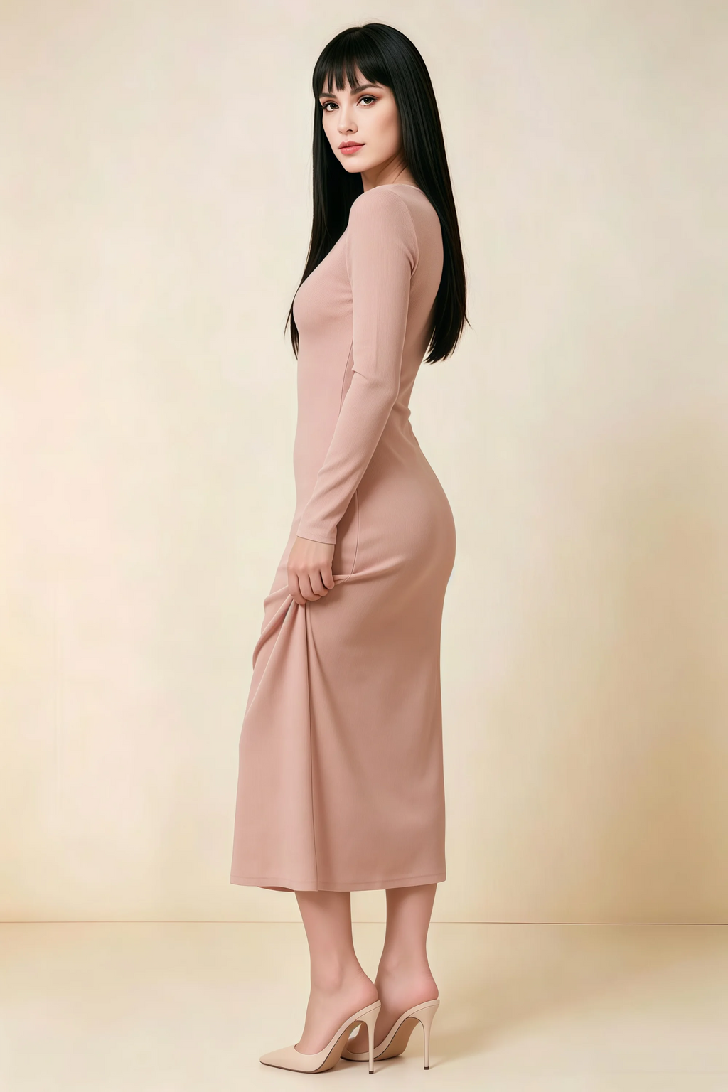 Antoinette Dusty Rose Square Neck Long Sleeve Bodycon Midi Dress
