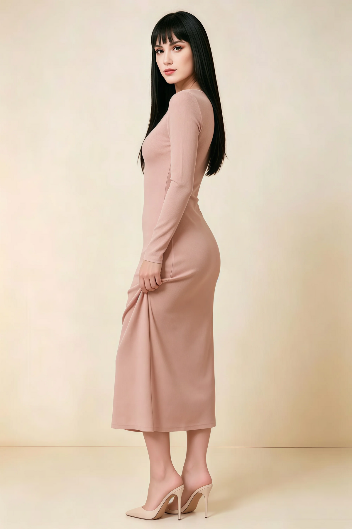 Antoinette Dusty Rose Square Neck Long Sleeve Bodycon Midi Dress