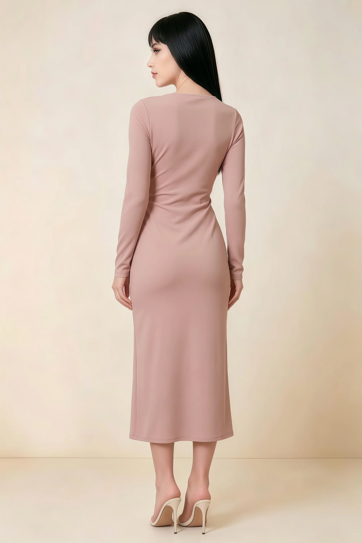 Antoinette Dusty Rose Square Neck Long Sleeve Bodycon Midi Dress