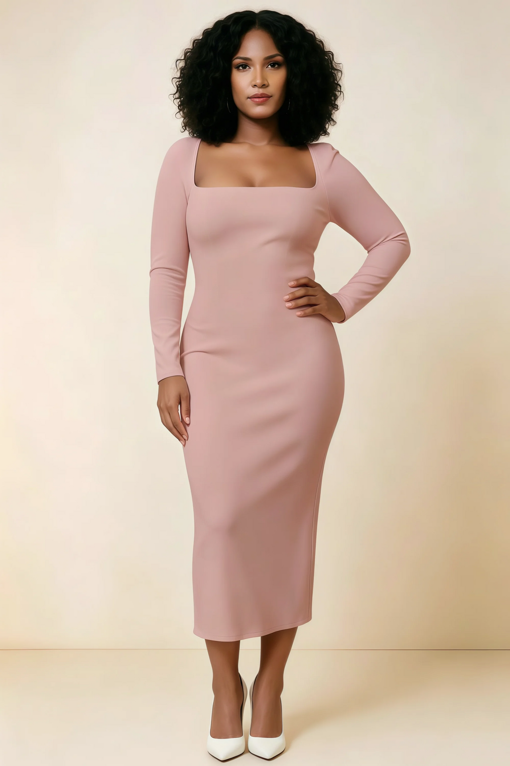 Antoinette Dusty Rose Square Neck Long Sleeve Bodycon Midi Dress