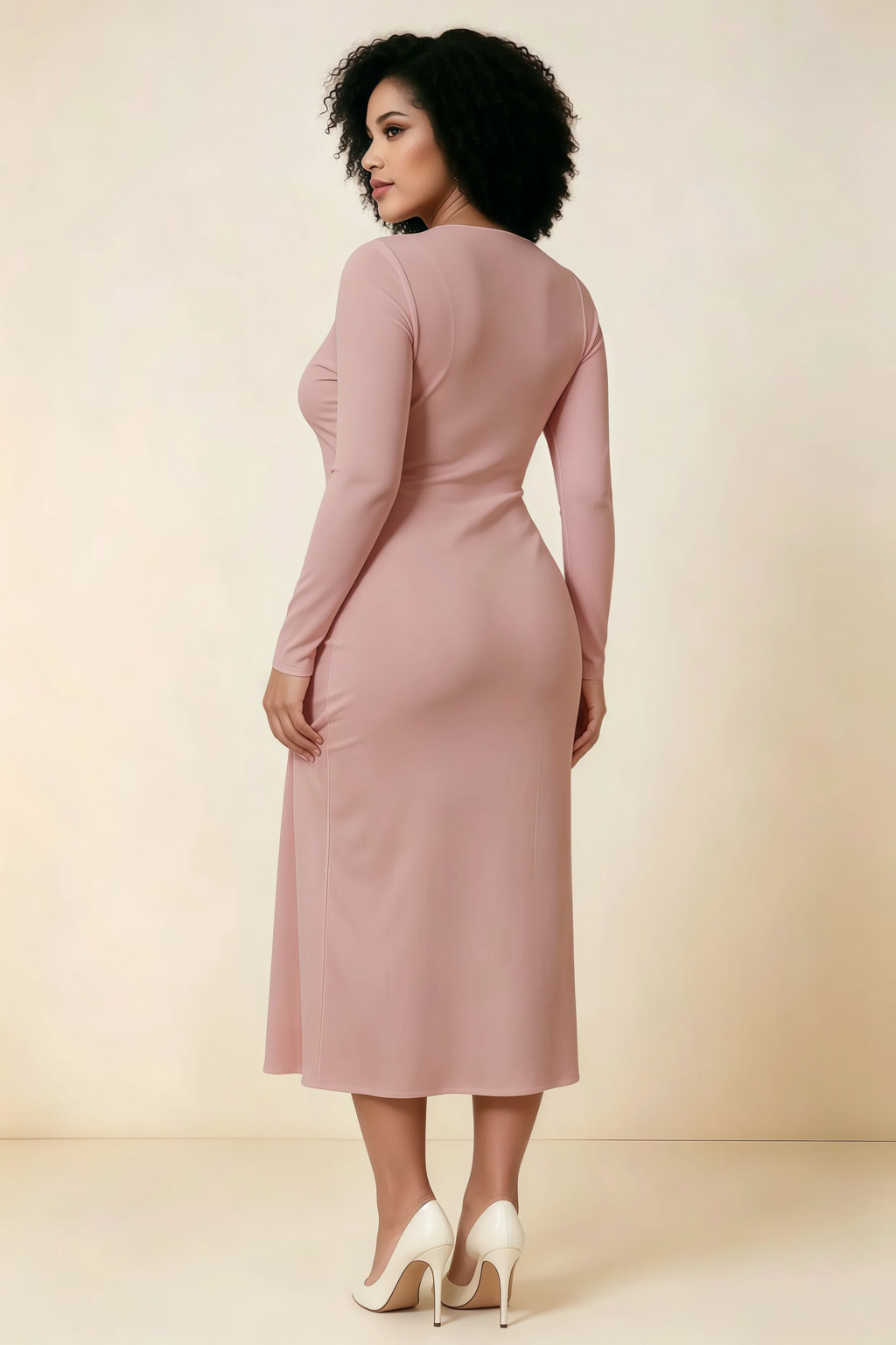 Antoinette Dusty Rose Square Neck Long Sleeve Bodycon Midi Dress