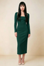 Antoinette Emerald Green Square Neck Long Sleeve Bodycon Midi Dress