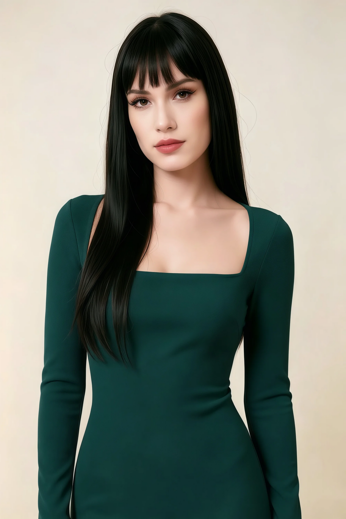 Antoinette Emerald Green Square Neck Long Sleeve Bodycon Midi Dress