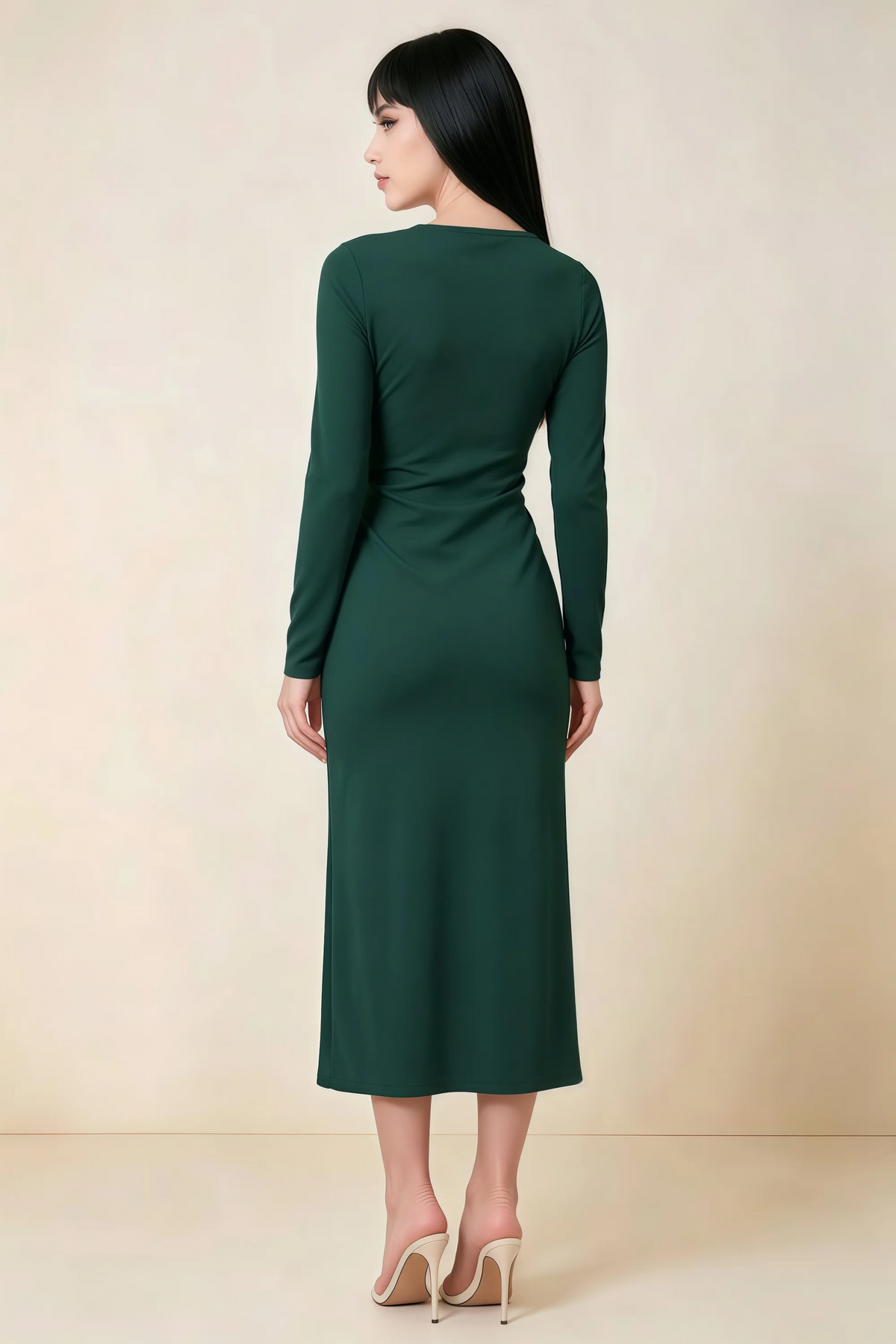Antoinette Emerald Green Square Neck Long Sleeve Bodycon Midi Dress