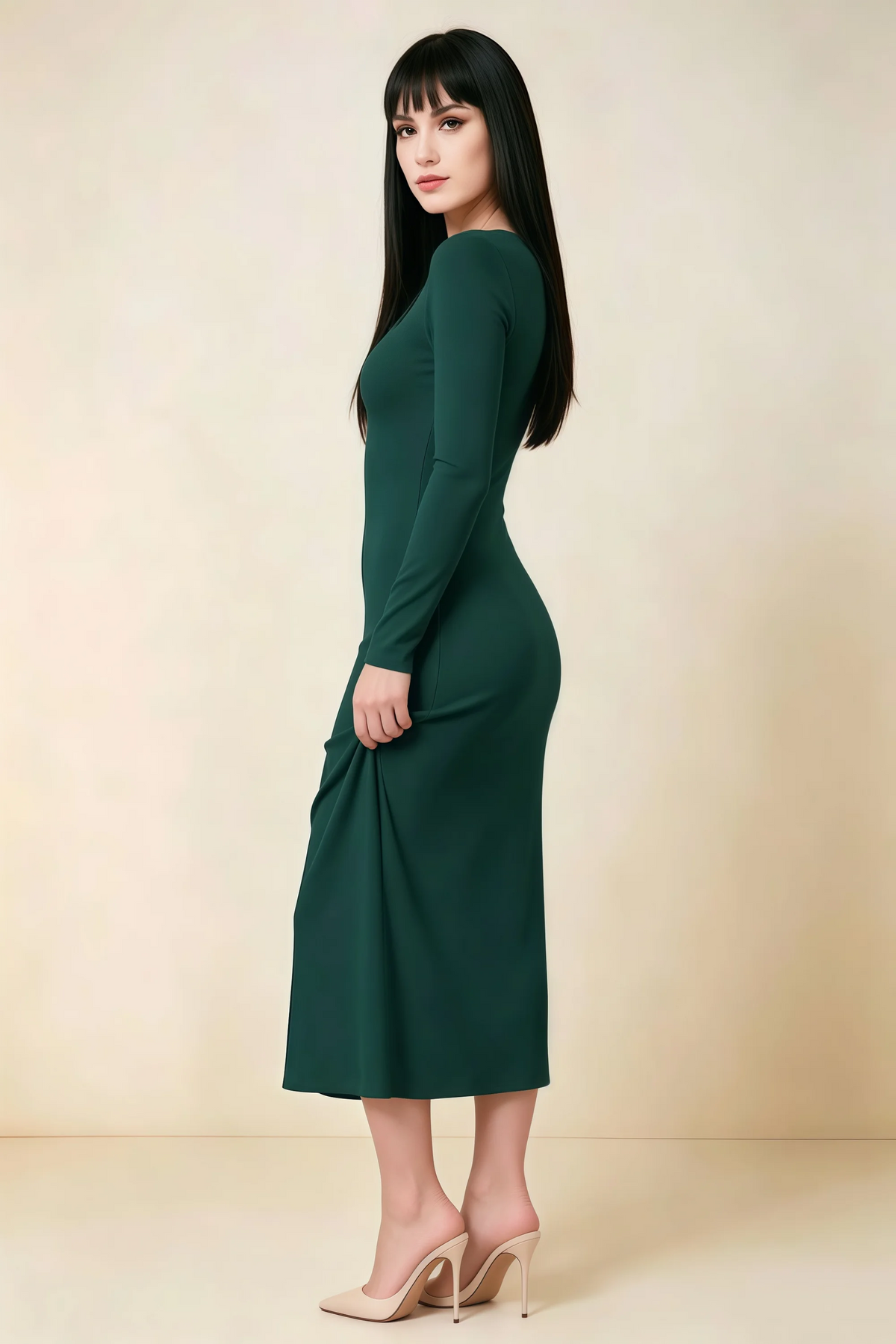 Antoinette Emerald Green Square Neck Long Sleeve Bodycon Midi Dress