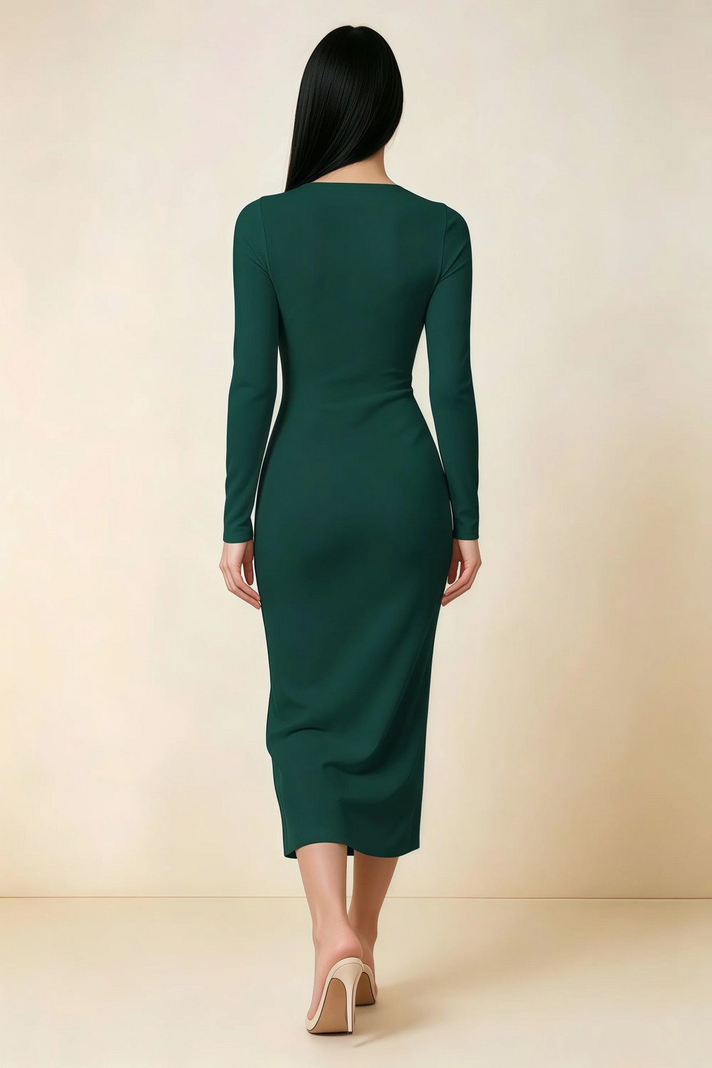 Antoinette Emerald Green Square Neck Long Sleeve Bodycon Midi Dress