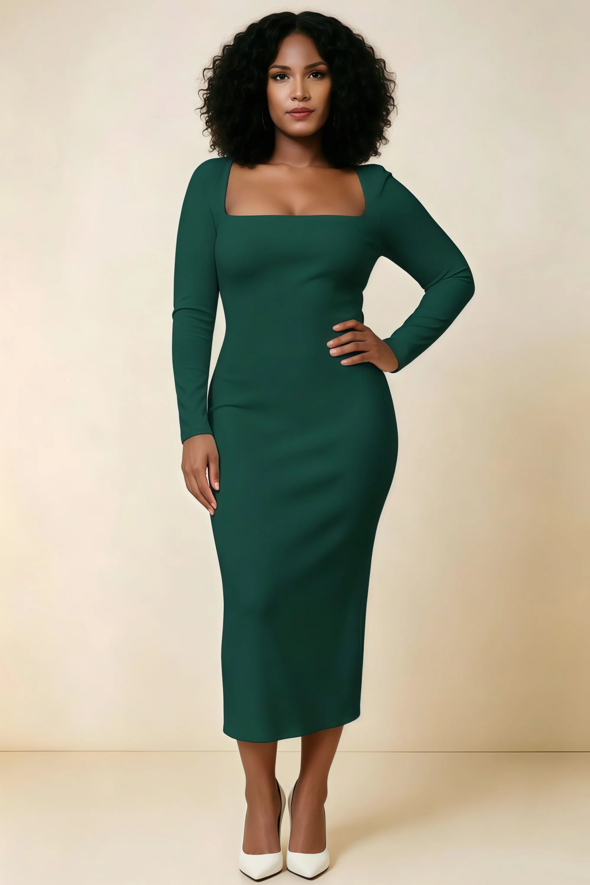 Antoinette Emerald Green Square Neck Long Sleeve Bodycon Midi Dress