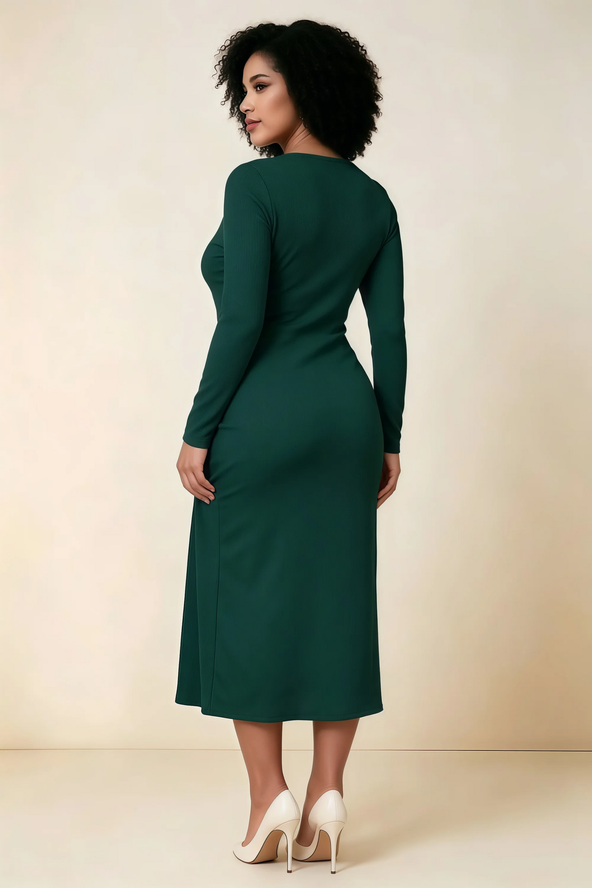 Antoinette Emerald Green Square Neck Long Sleeve Bodycon Midi Dress