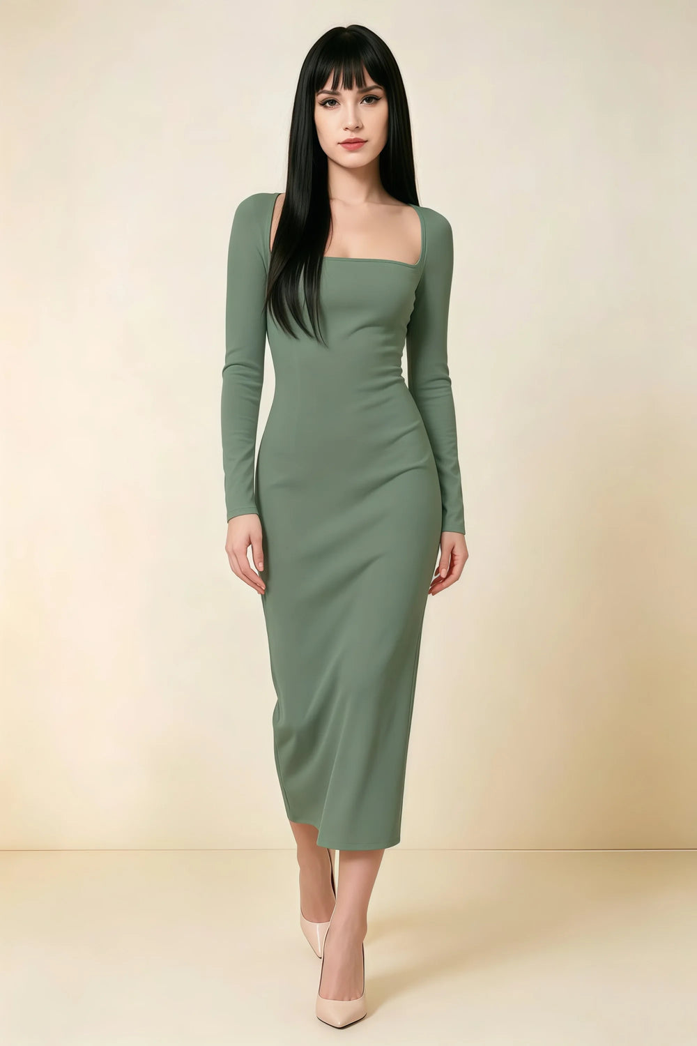 Translation missing: en.Front view of the LVLVS Antoinette eucalyptus midi dress, showing the square neckline, long sleeves and fitted bodycon silhouette. content.product_image_main
