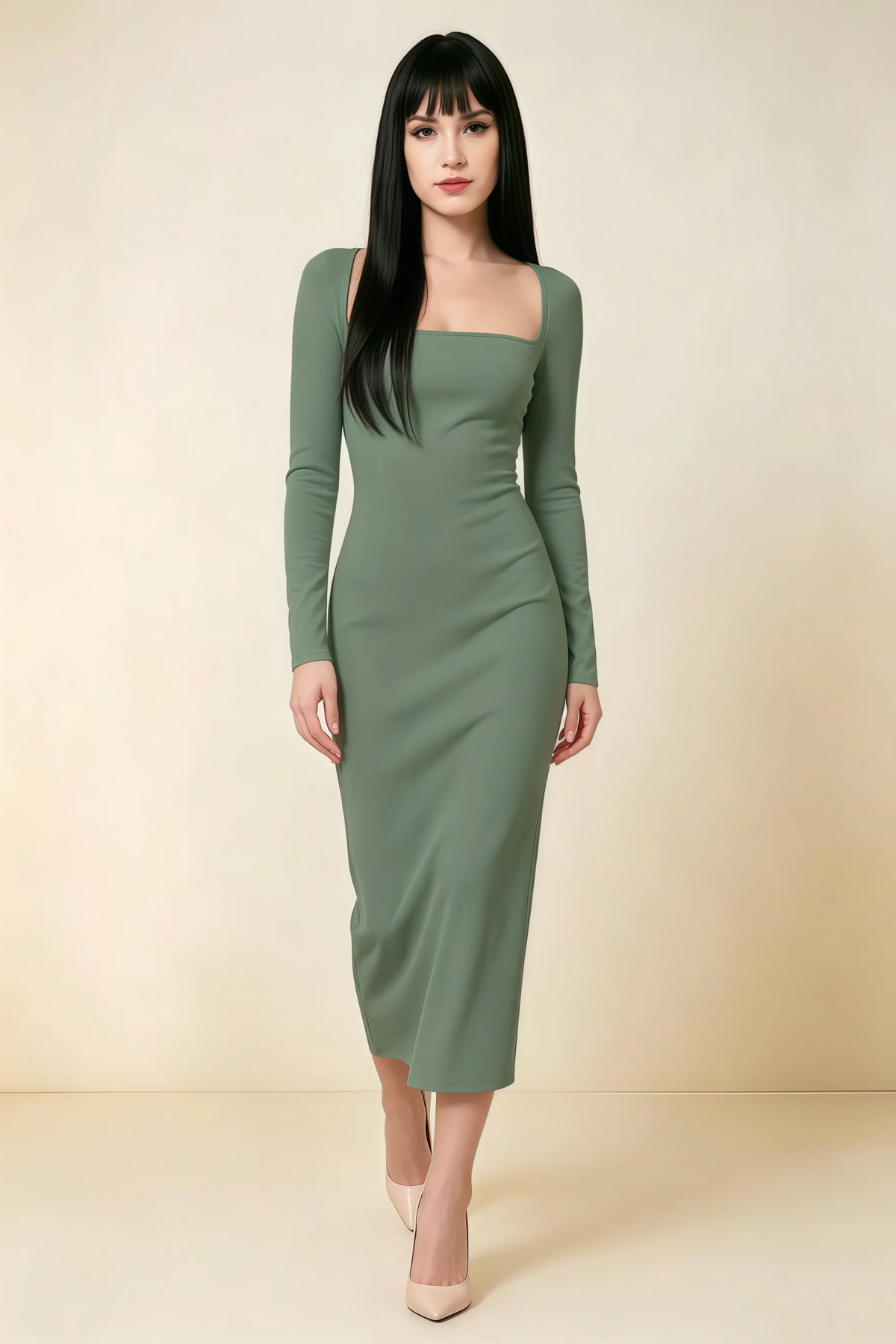 Antoinette Eucalyptus Square Neck Long Sleeve Bodycon Midi Dress