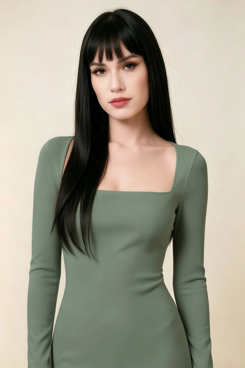 Antoinette Eucalyptus Square Neck Long Sleeve Bodycon Midi Dress