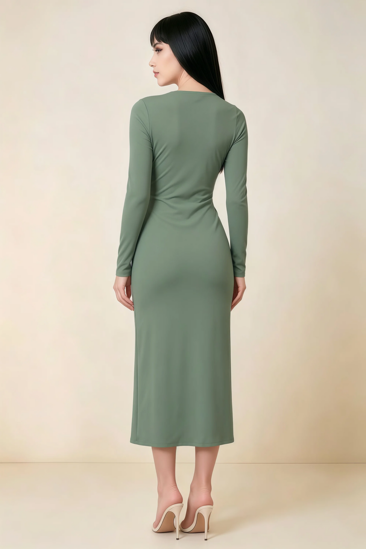 Antoinette Eucalyptus Square Neck Long Sleeve Bodycon Midi Dress