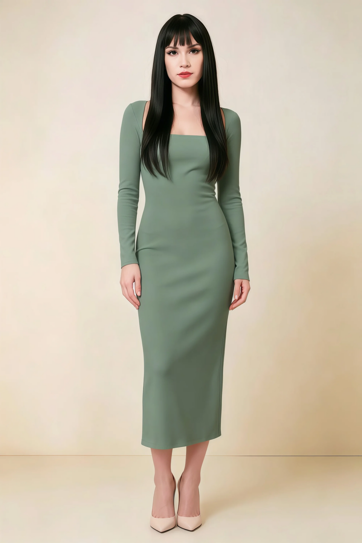 Antoinette Eucalyptus Square Neck Long Sleeve Bodycon Midi Dress