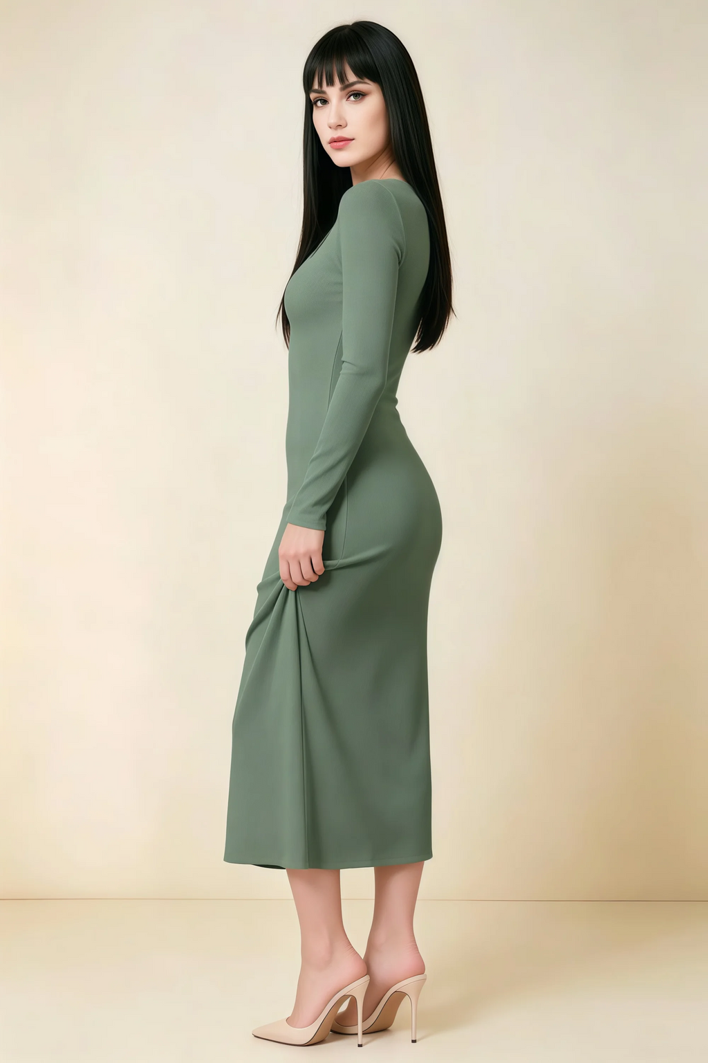 Antoinette Eucalyptus Square Neck Long Sleeve Bodycon Midi Dress