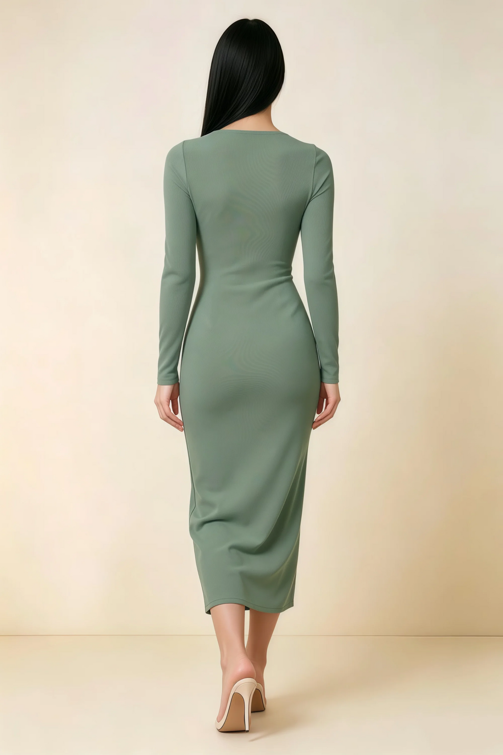Antoinette Eucalyptus Square Neck Long Sleeve Bodycon Midi Dress
