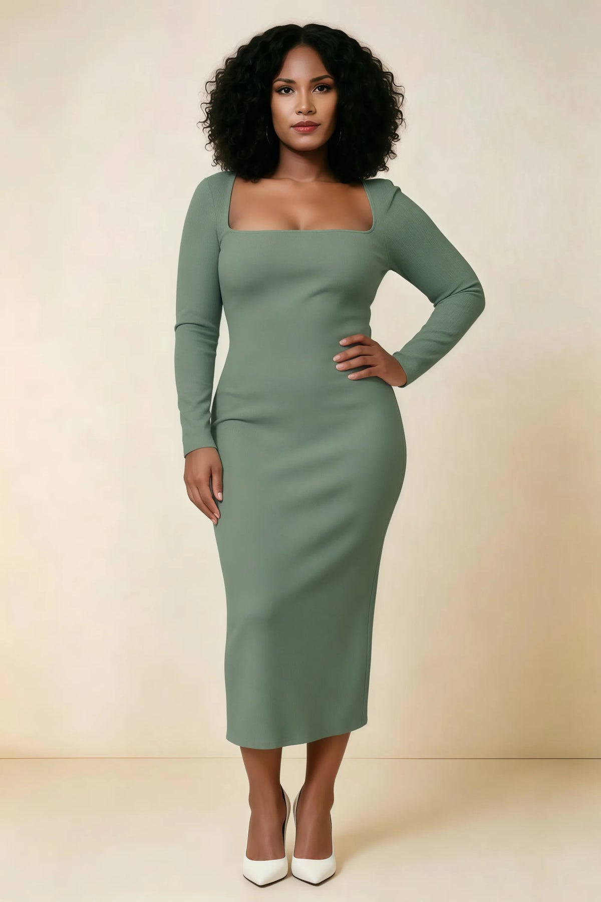 Antoinette Eucalyptus Square Neck Long Sleeve Bodycon Midi Dress