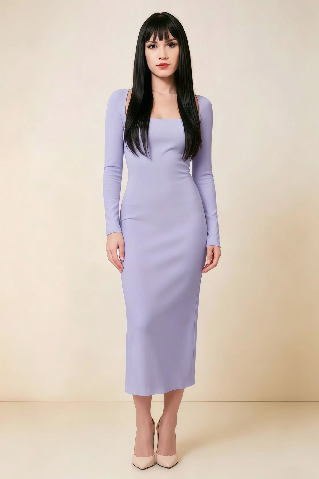 Antoinette Lavender Square Neck Long Sleeve Bodycon Midi Dress