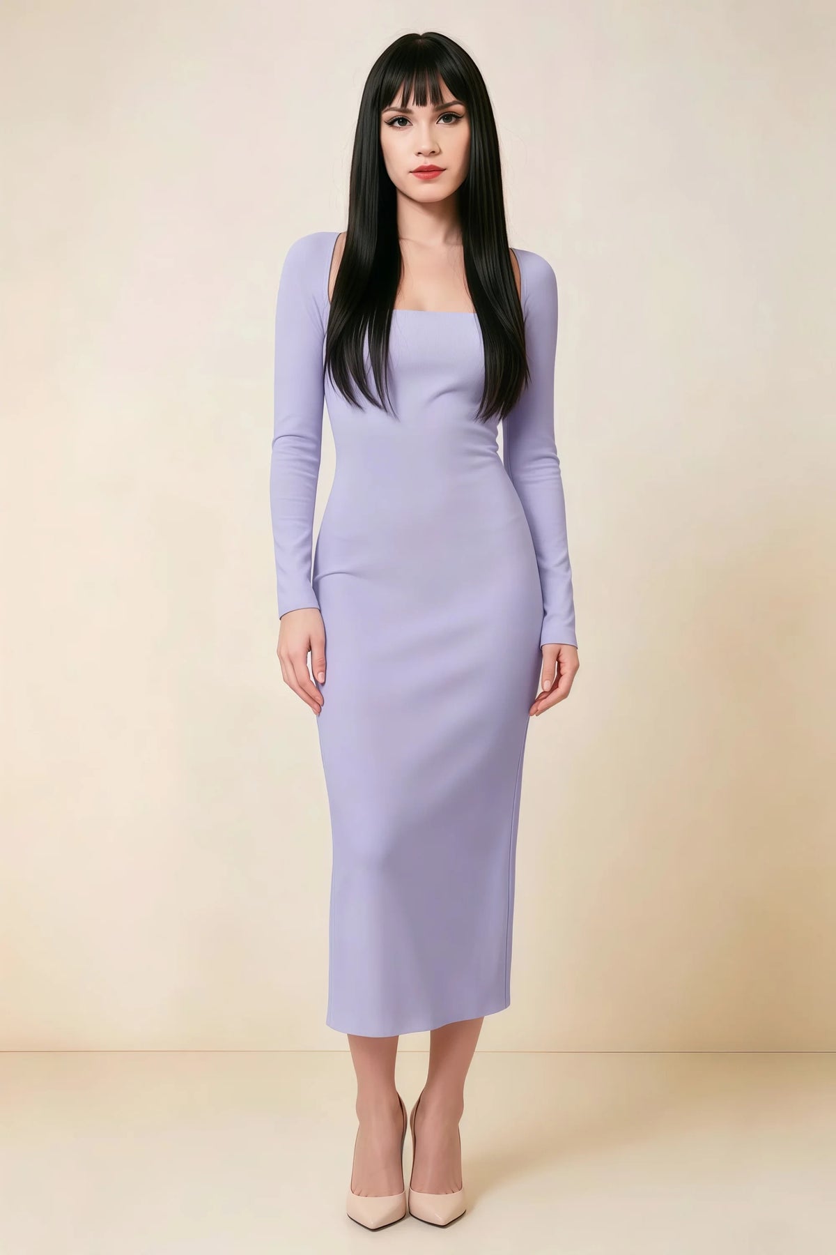 Antoinette Lavender Square Neck Long Sleeve Bodycon Midi Dress Main image