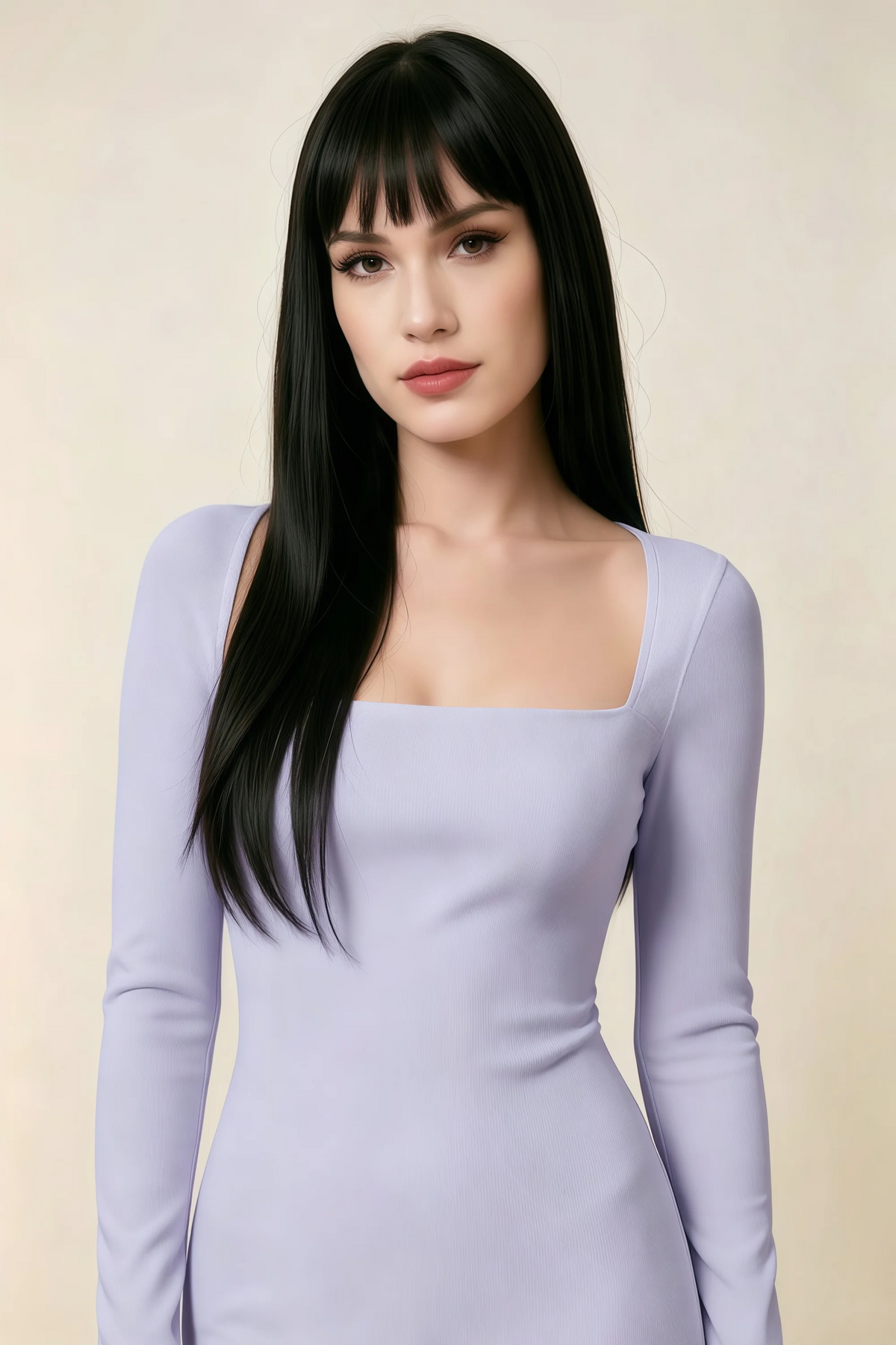 Antoinette Lavender Square Neck Long Sleeve Bodycon Midi Dress