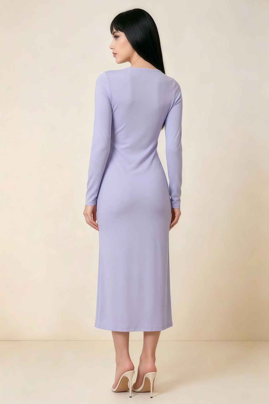Antoinette Lavender Square Neck Long Sleeve Bodycon Midi Dress