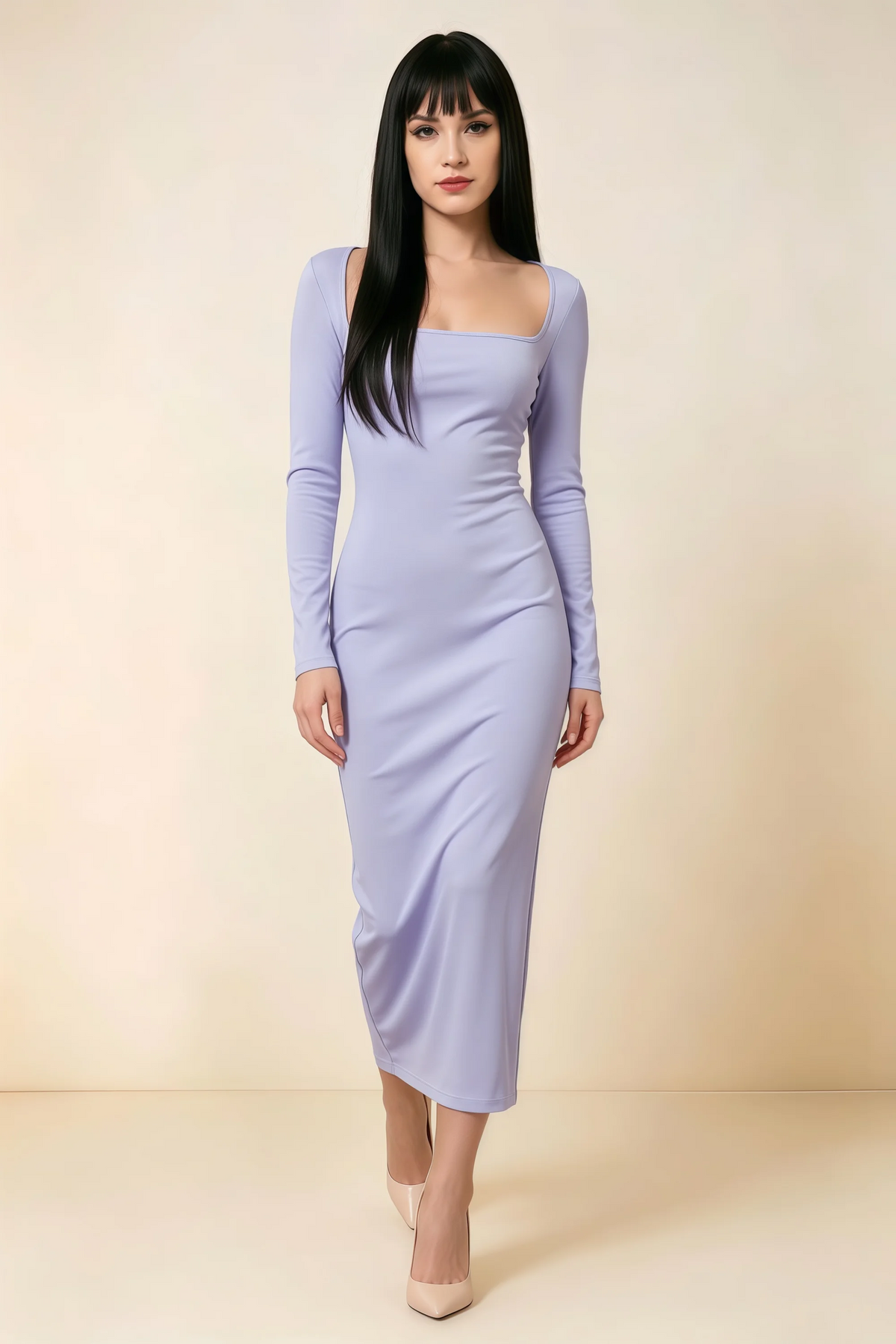 Antoinette Lavender Square Neck Long Sleeve Bodycon Midi Dress