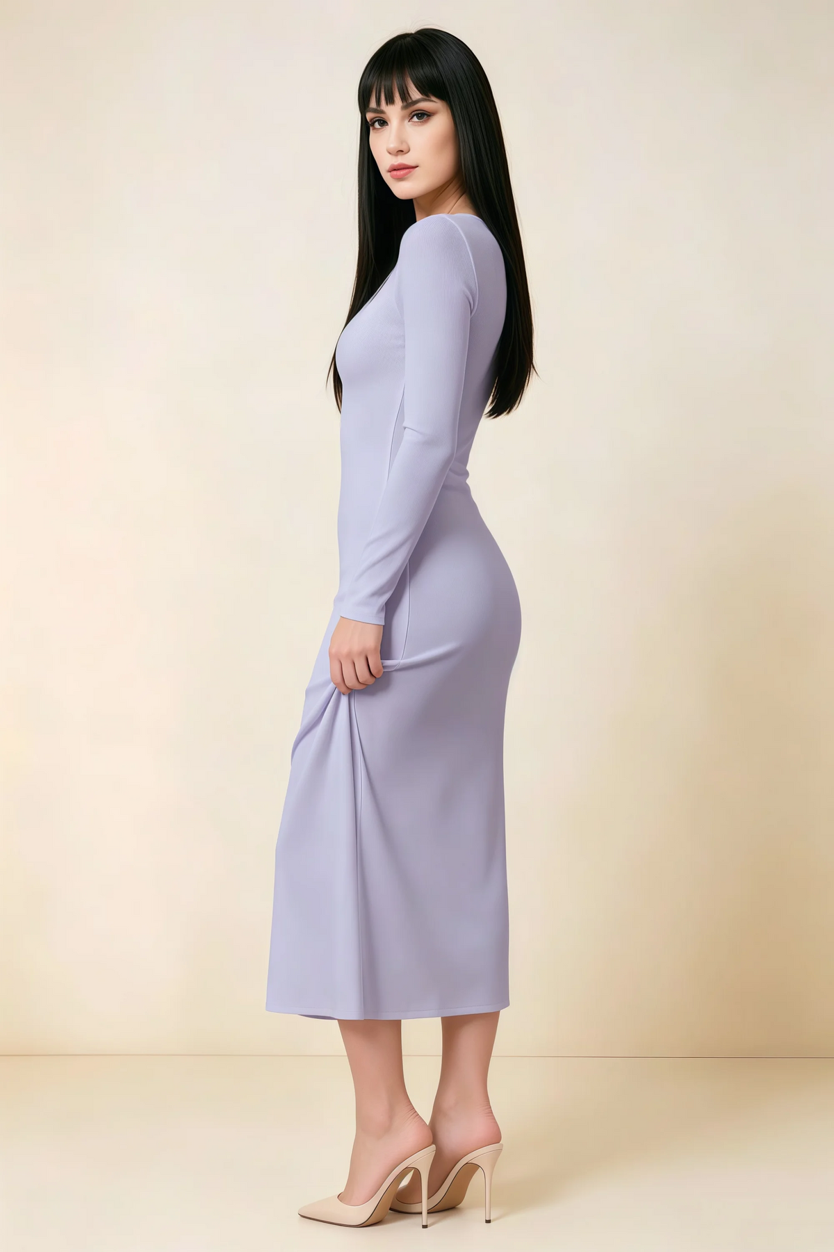 Antoinette Lavender Square Neck Long Sleeve Bodycon Midi Dress