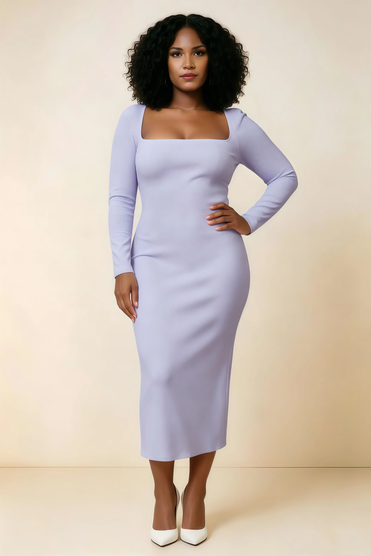 Antoinette Lavender Square Neck Long Sleeve Bodycon Midi Dress