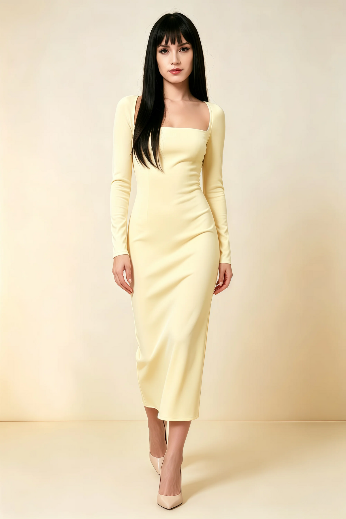 Antoinette Lemon Square Neck Long Sleeve Bodycon Midi Dress Main image