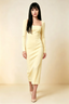 Antoinette Lemon Square Neck Long Sleeve Bodycon Midi Dress