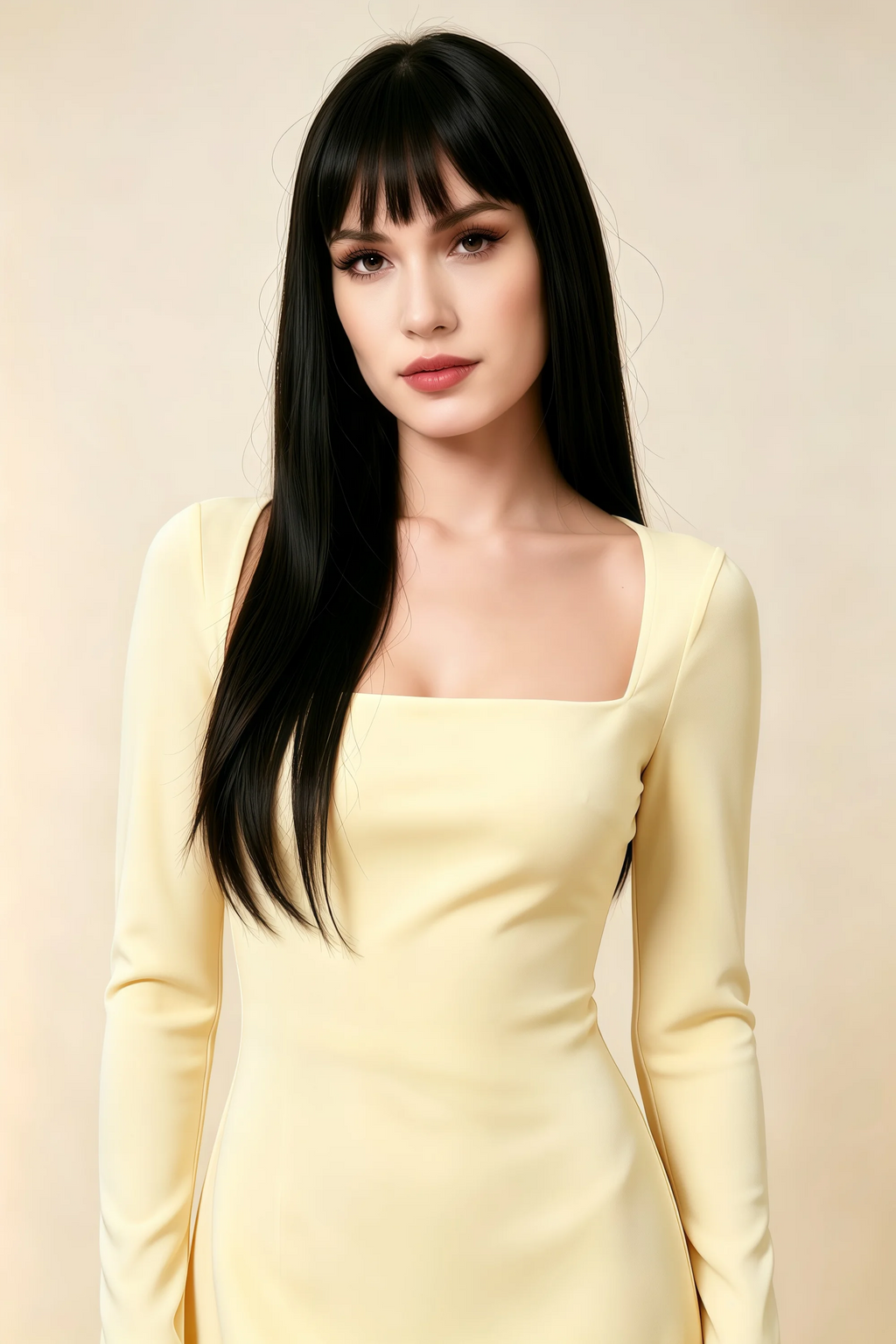 Antoinette Lemon Square Neck Long Sleeve Bodycon Midi Dress