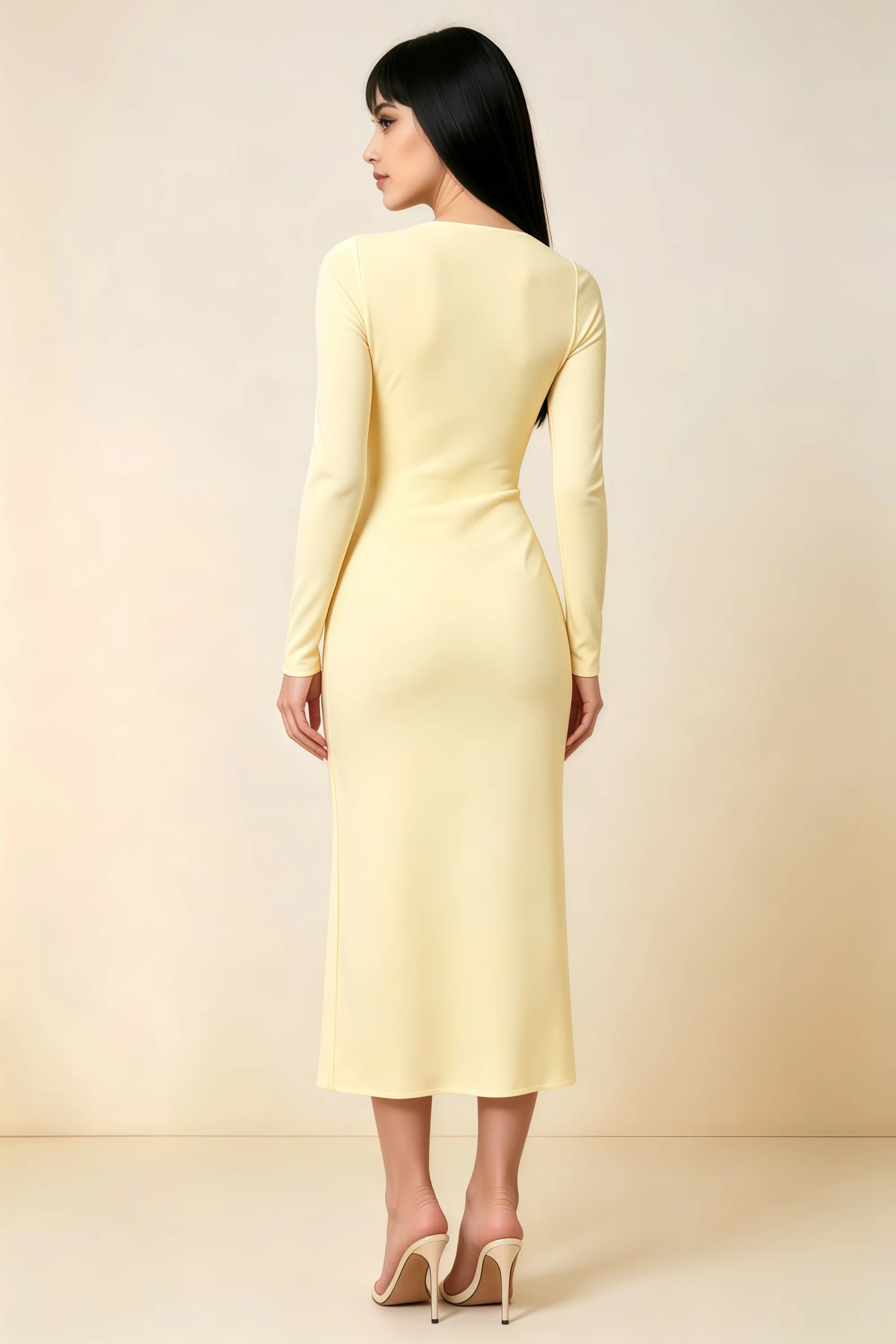 Antoinette Lemon Square Neck Long Sleeve Bodycon Midi Dress Secondary image