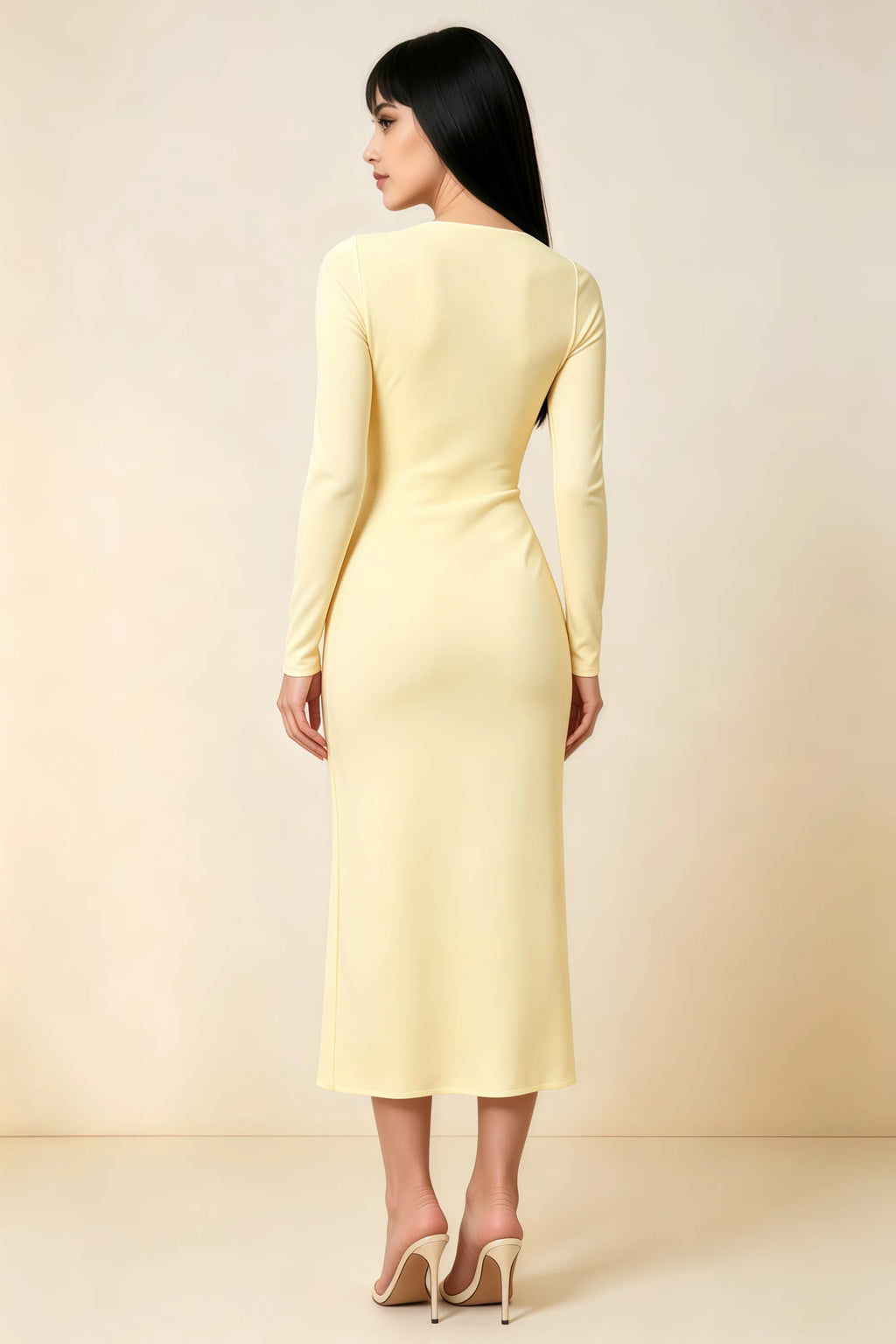 Antoinette Lemon Square Neck Long Sleeve Bodycon Midi Dress