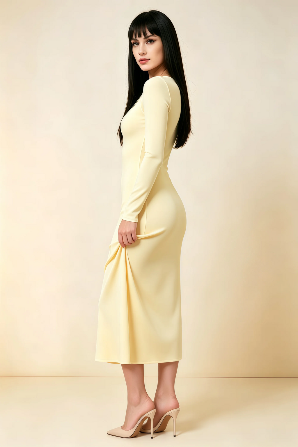 Antoinette Lemon Square Neck Long Sleeve Bodycon Midi Dress