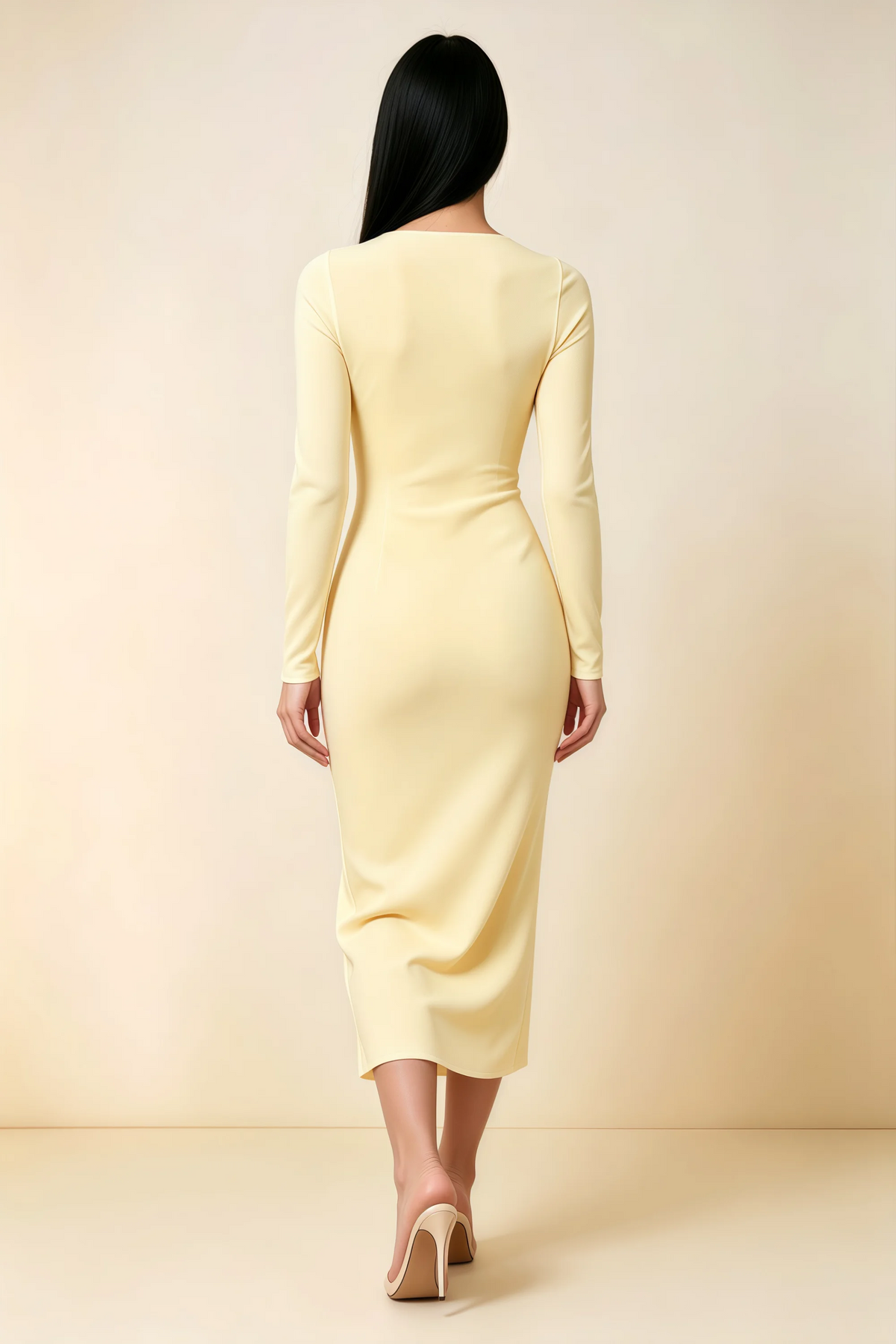 Antoinette Lemon Square Neck Long Sleeve Bodycon Midi Dress