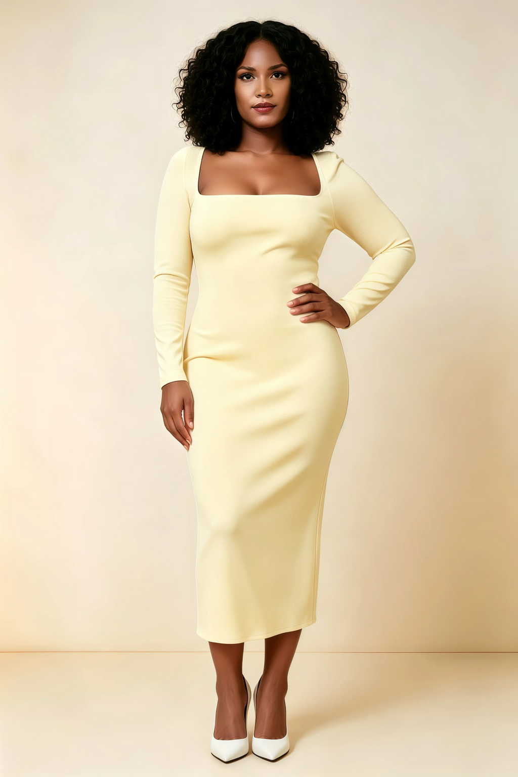 Antoinette Lemon Square Neck Long Sleeve Bodycon Midi Dress