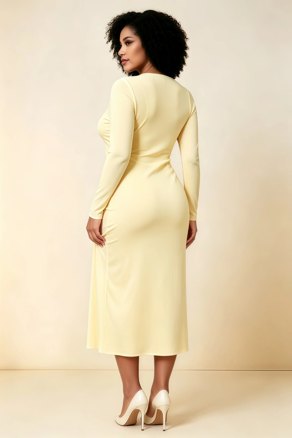 Antoinette Lemon Square Neck Long Sleeve Bodycon Midi Dress