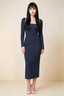 Antoinette Navy Square Neck Long Sleeve Bodycon Midi Dress