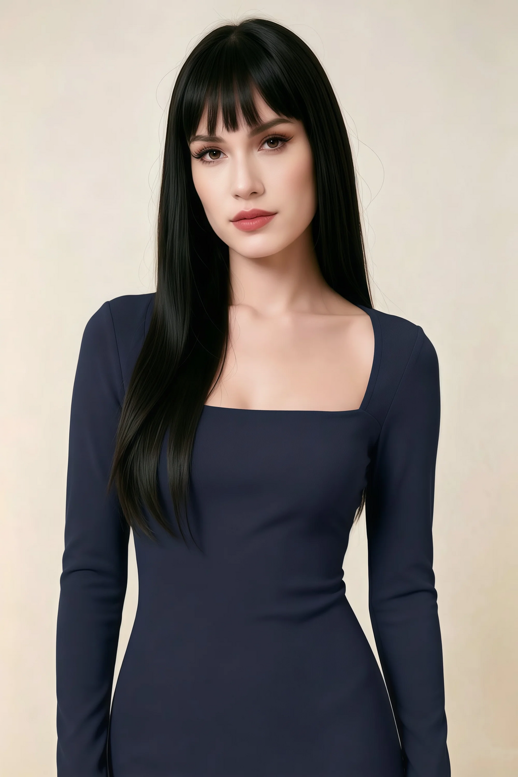 Antoinette Navy Square Neck Long Sleeve Bodycon Midi Dress