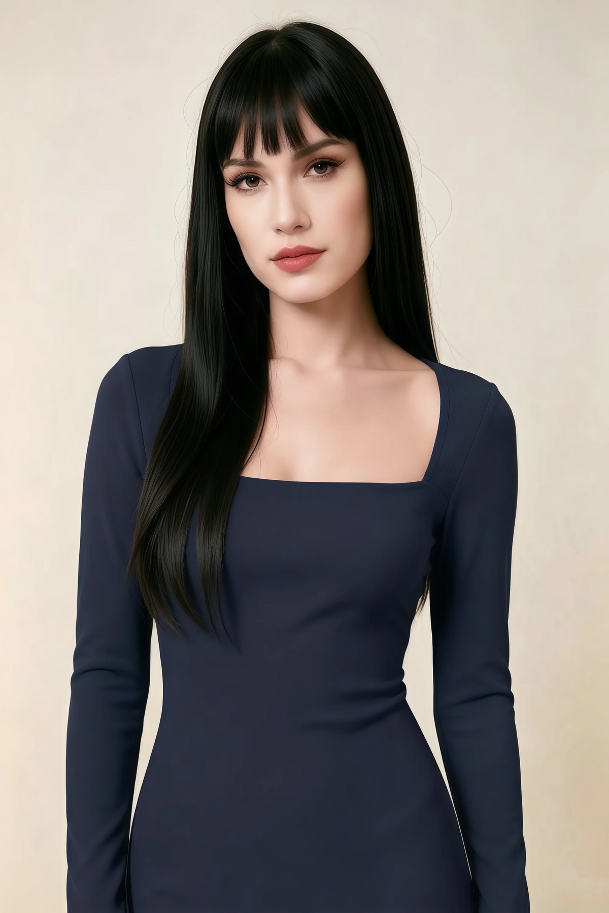 Antoinette Navy Square Neck Long Sleeve Bodycon Midi Dress