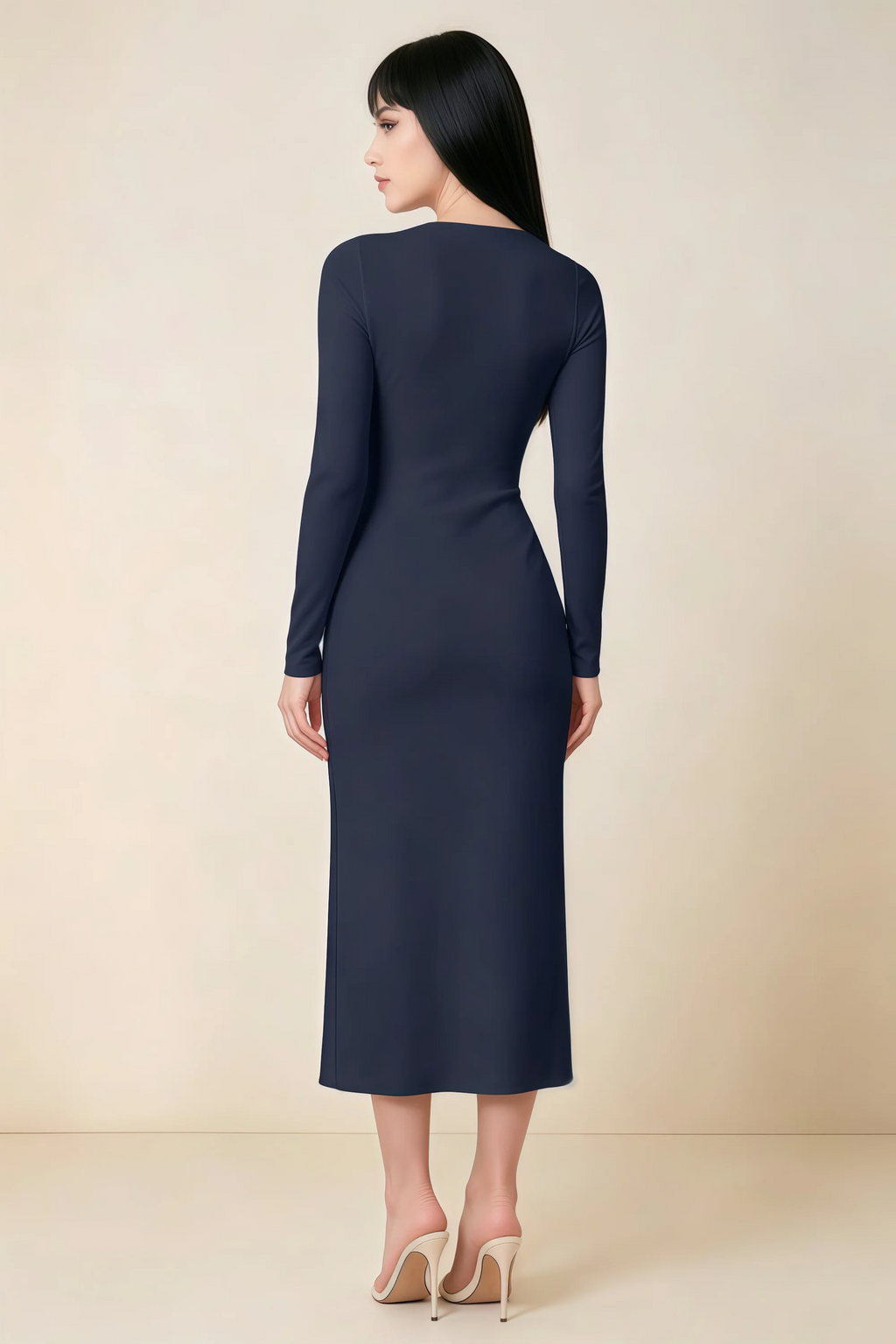 Antoinette Navy Square Neck Long Sleeve Bodycon Midi Dress
