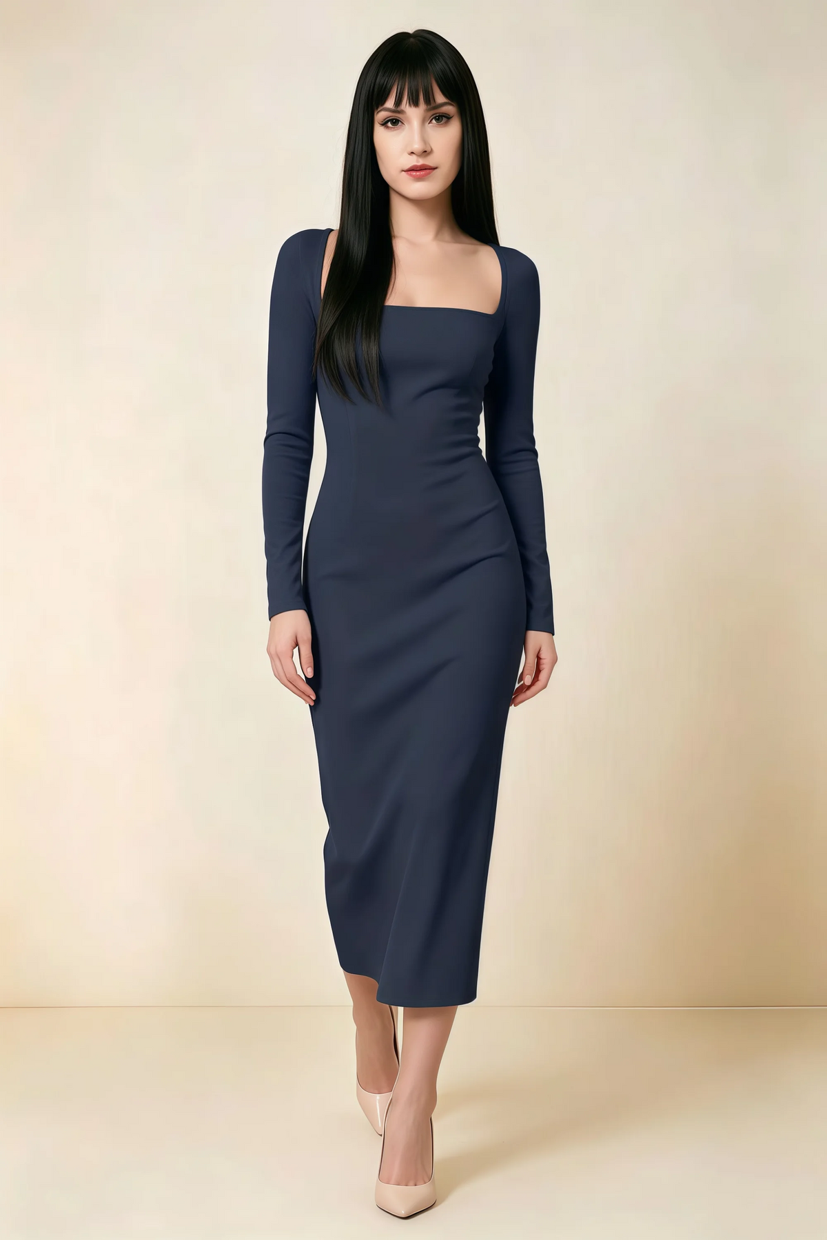 Antoinette Navy Square Neck Long Sleeve Bodycon Midi Dress