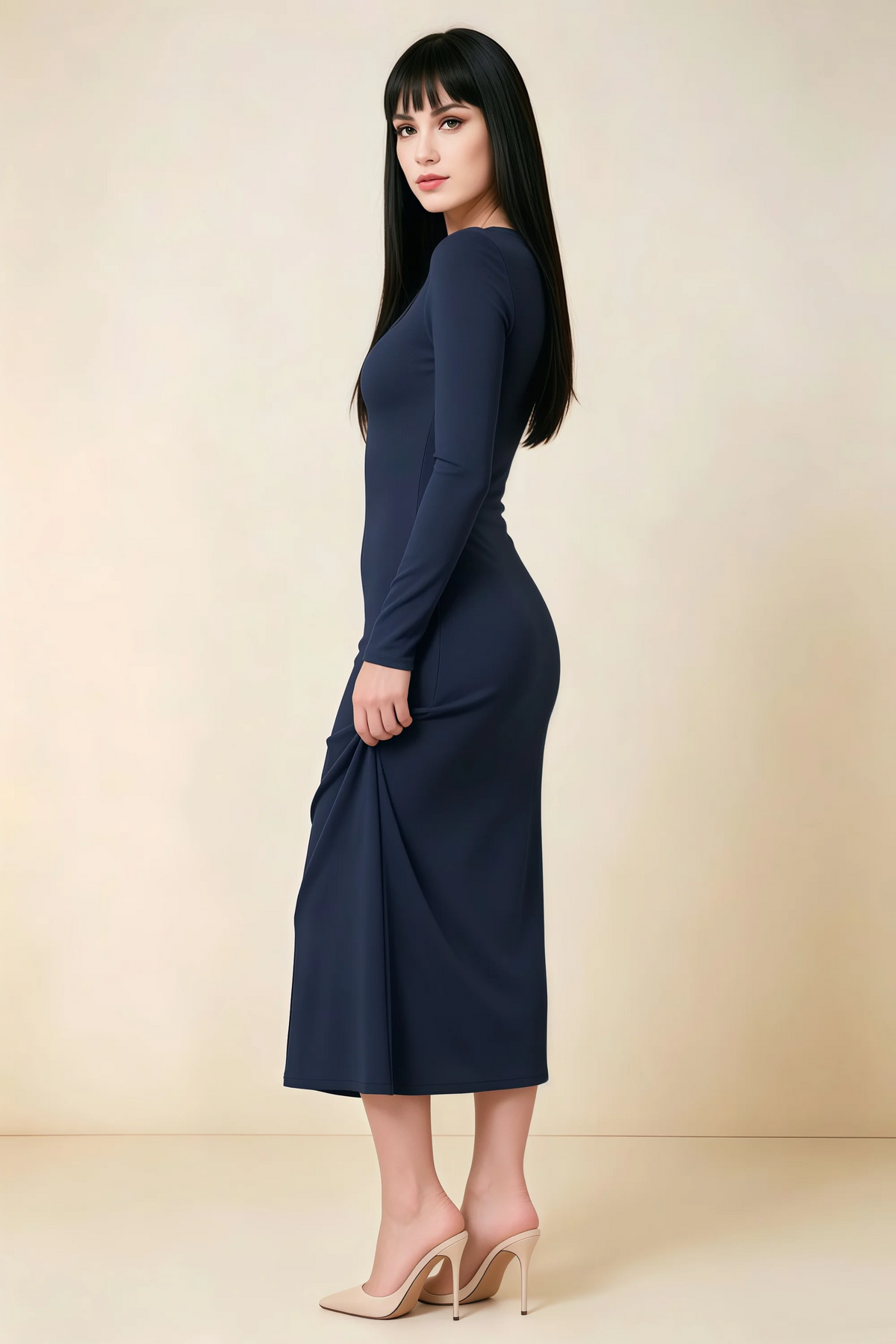 Antoinette Navy Square Neck Long Sleeve Bodycon Midi Dress
